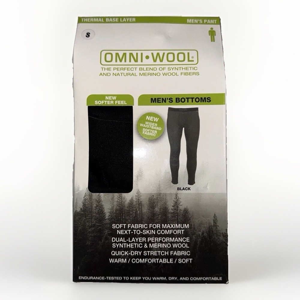 NWT Omni Wool Merino Wool Thermal Base Layer Pants Mens Small Black Hunting Ski